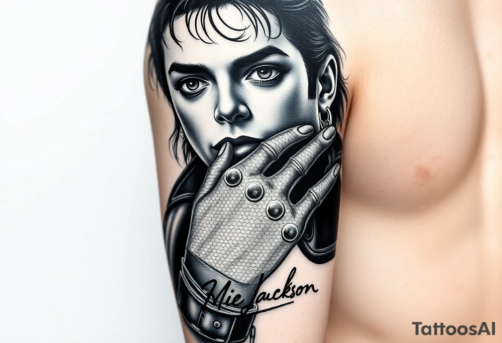 The ultimate black and grey realism tattoo sleeve design for an upper arm, celebrating Michael Jackson's entire career. A vertical masterpiece collage: Top features his hyper-realistic eyes from the Dangerous album peering through stage smoke. Middle shows a crisp, detailed portrait from the Bad era with high-contrast jacket buckles. Bottom section displays his hand in the sparkling sequin glove holding his fedora hat. The design smoothly fades out into his official autograph written in clean fine-line script at the very bottom. Photorealistic, cinematic lighting, deep blacks, master shading --ar 2:3 tattoo idea