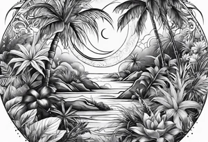 full sleeve tattoo with jungle plants, ocean, moon, stars, tattoo idea