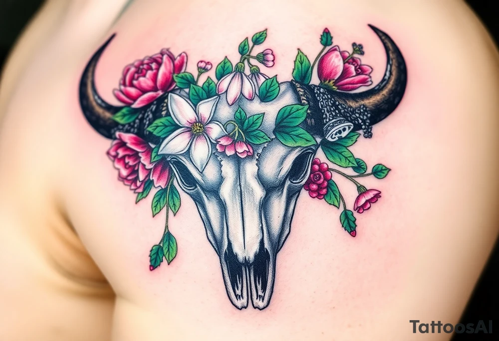 Buffalo or bison skull with flowers. Peony, snowdrop, holly with berries, larkspur, peony. Colour. For upper arm or shoulder. Masculin. tattoo idea