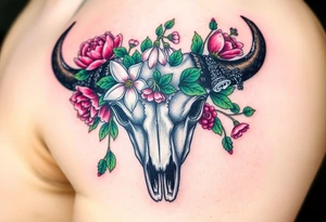 Buffalo or bison skull with flowers. Peony, snowdrop, holly with berries, larkspur, peony. Colour. For upper arm or shoulder. Masculin. tattoo idea