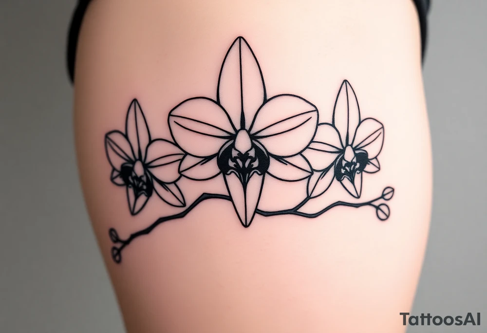 Three fine line orchids different size realistic, the central part resembles a vagina. Are connected with branches tattoo idea