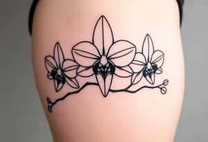 Three fine line orchids different size realistic, the central part resembles a vagina. Are connected with branches tattoo idea