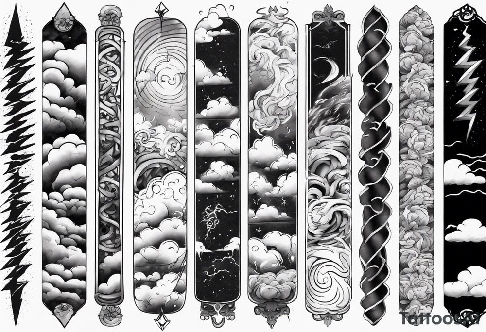 forearm sleeve lightning and clouds pattern tattoo idea