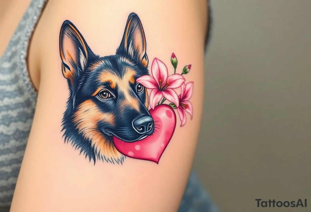 german shepherd looking protective with pink lilies and a sacred heart tattoo idea