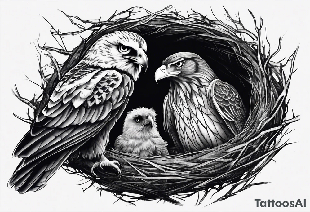Owl, raven, eagle cuddled in a nest, looking down into the nest tattoo idea