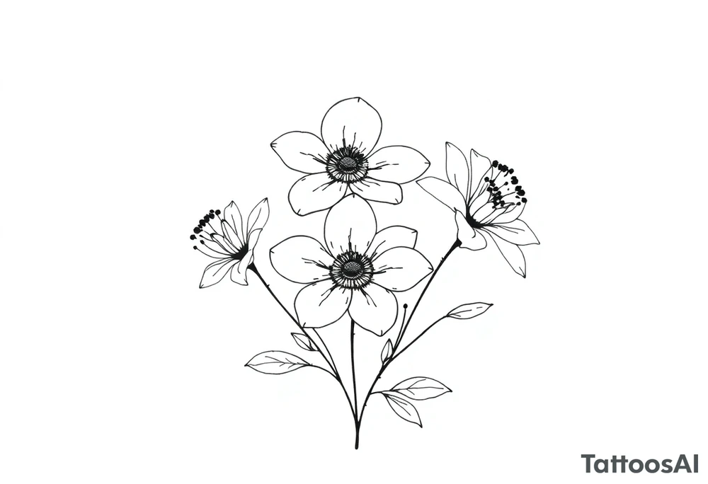 two july birth flowers, one november birth flower and a december birth flower in a boquet tattoo idea