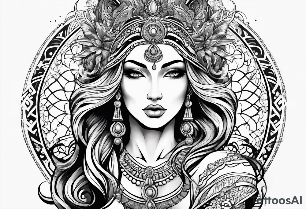 Aquarius goddess with water surrounding it in a tribal design tattoo idea