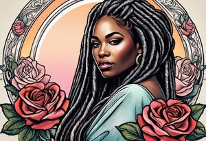 beautiful thick black women with long straight dreadlocks, holding a beautiful single rose,, pastel, old school traditional, tattoo idea