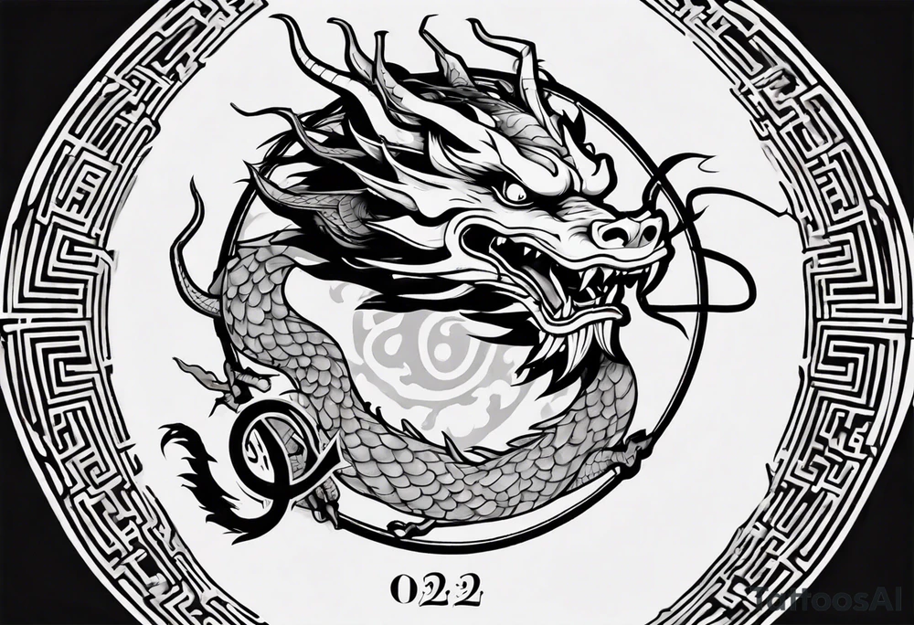 Chinese dragon in a circular shape with "02.03" written on its skin tattoo idea
