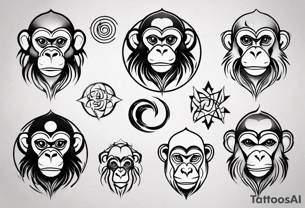 Create an abstract monkey icon on a small disconnected circle tattoo idea