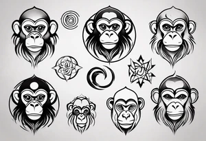 Create an abstract monkey icon on a small disconnected circle tattoo idea