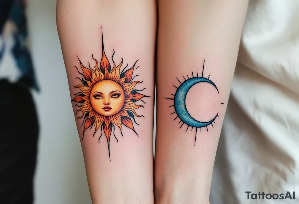 Two matching couple tattoos sun and moon tattoos, the first sun in warm gold and orange on the forearm, the second moon in silver and pale blue on the wrist. tattoo idea