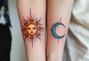 Two matching couple tattoos sun and moon tattoos, the first sun in warm gold and orange on the forearm, the second moon in silver and pale blue on the wrist. tattoo idea