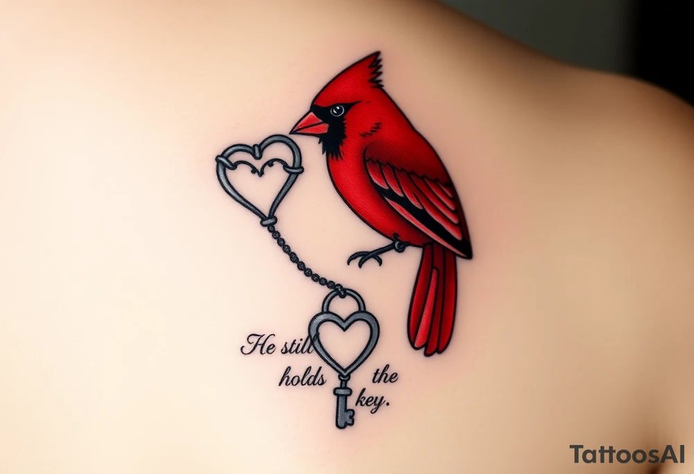 A realistic tattoo design of a red cardinal holding a heart-shaped key in its beak. The key matches a classic romantic key design with a beaded chain attached. The chain dangles gracefully downward to connect with a heart lock near the bottom of the design. Include elegant cursive text reading “He still holds the key” beneath the heart. Use clean black and gray ink lines with rich red tones for the cardinal. Style the artwork for tattoo realism, soft shading, and delicate linework, with balanced vertical composition suitable for an inner forearm tattoo. tattoo idea