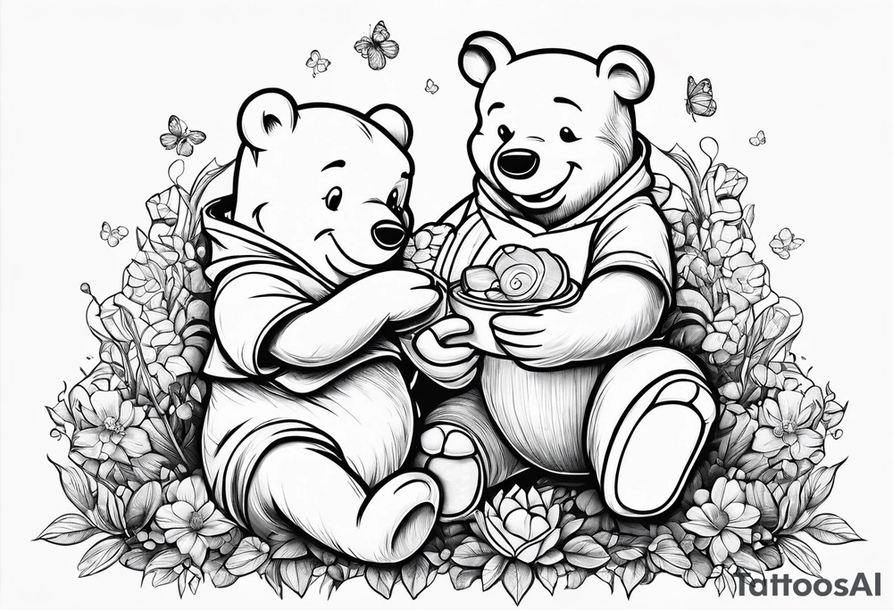 Winnie Pooh one hand in the honey and one hand holding bland tattoo idea
