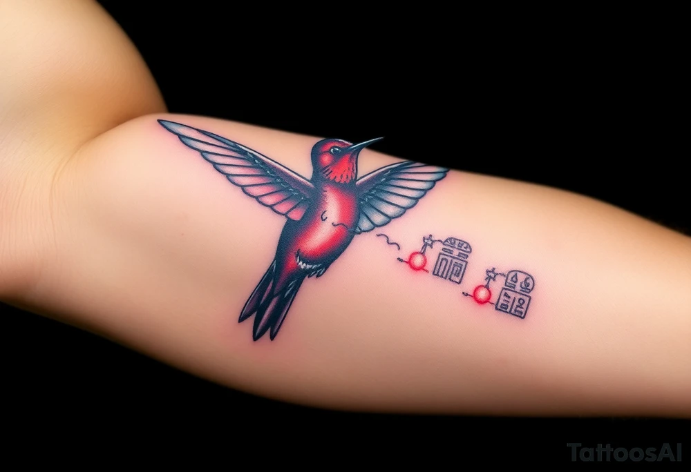 A hummingbird leaving a trail of glowing hieroglyphs as it flies(only red , blue and black are possible colors) tattoo idea