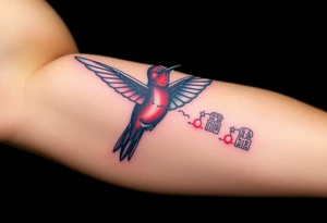 A hummingbird leaving a trail of glowing hieroglyphs as it flies(only red , blue and black are possible colors) tattoo idea