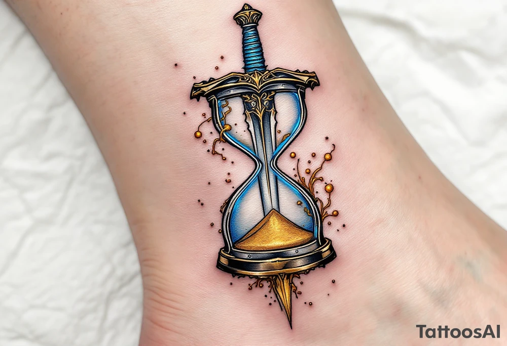 Dagger with Hourglass – A dagger piercing through an hourglass filled with golden sand, symbolizing the passage of time. The blade is dark silver with intricate engravings, while the hourglass frame is rich bronze with glassy blue highlights. tattoo idea