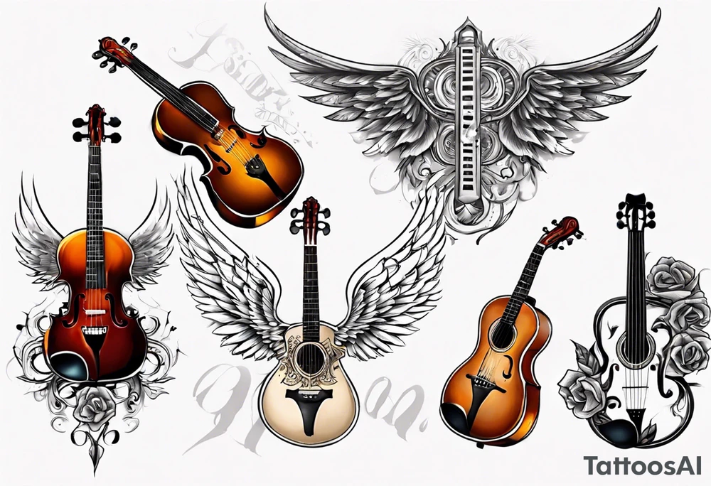 CROSSEED ACOUSTIC GUITAR AND VIOLIN WITH WINGS tattoo idea