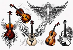 CROSSEED ACOUSTIC GUITAR AND VIOLIN WITH WINGS tattoo idea