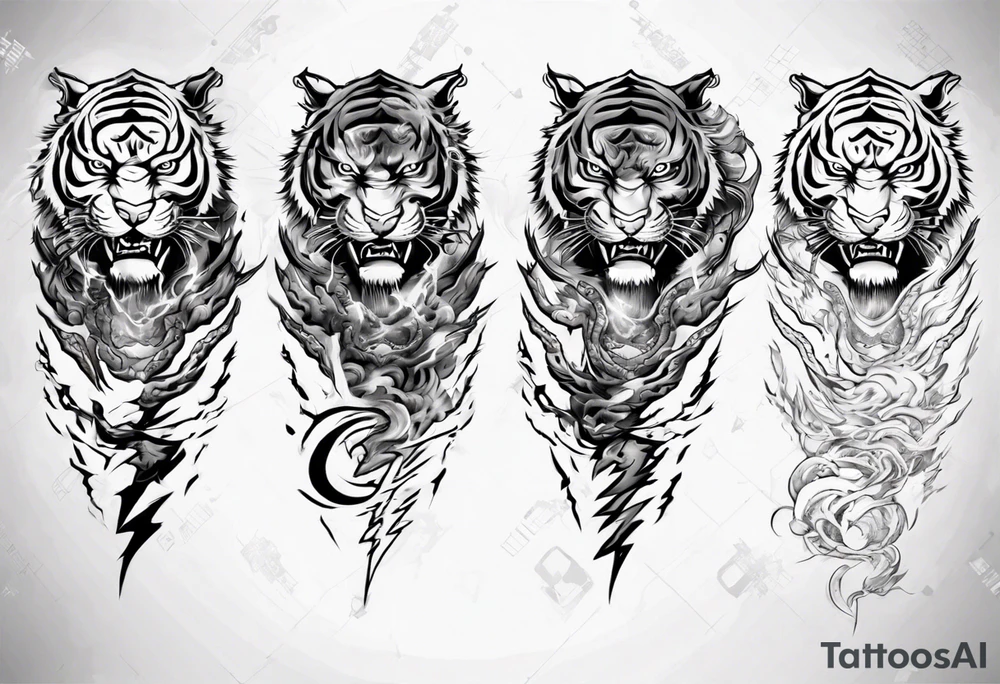 Tiger warrior with lightning and the sun for a forearm sleeve tattoo idea