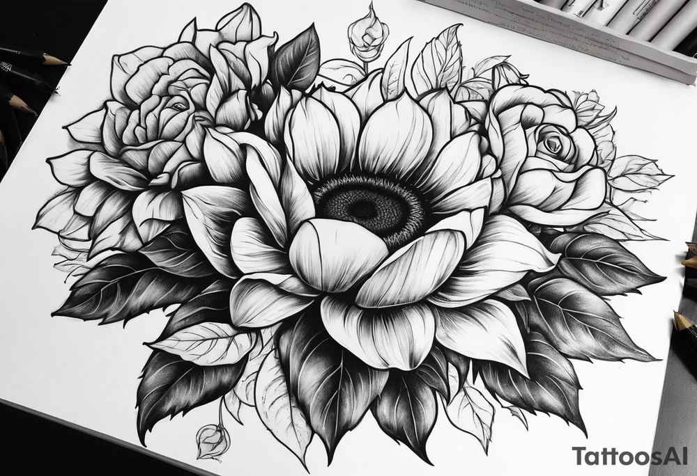 Sunflower, book, flower rose rose & bleu tattoo idea