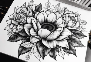 Sunflower, book, flower rose rose & bleu tattoo idea
