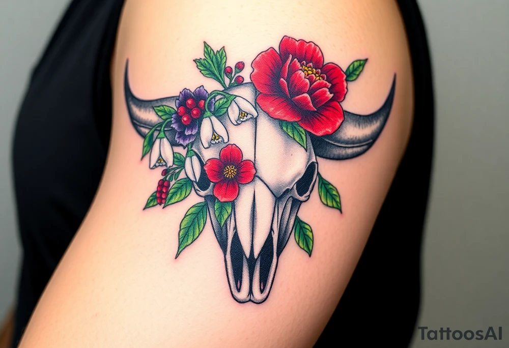 Buffalo or bison skull with flowers. Snow drop and red peony. Green holly with red berries, purple larkspur, red peony.  Colour. For upper arm or shoulder. Masculin. tattoo idea