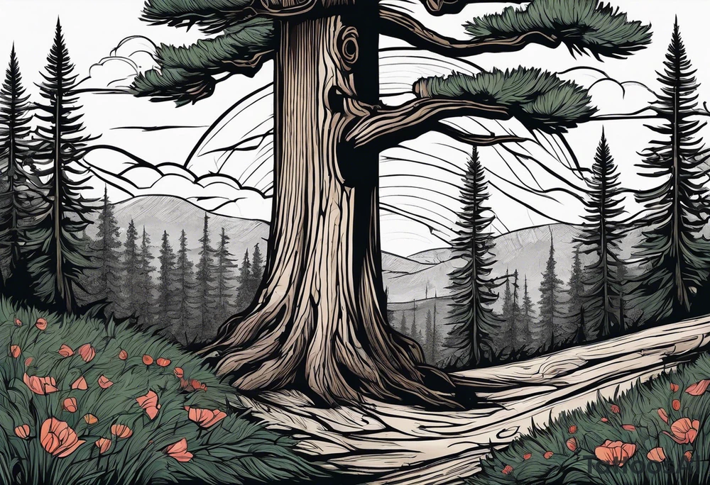 Forest of pine trees with a single stump in the foreground showing its rings and next to it a single poppy growing out of the ground tattoo idea