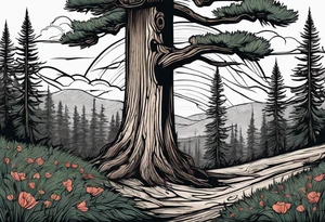 Forest of pine trees with a single stump in the foreground showing its rings and next to it a single poppy growing out of the ground tattoo idea