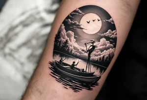 jack skellington in sun spotlight fishing in boat, on calm river, smoking cigar, big clouds, waving at angels in sky. tattoo idea