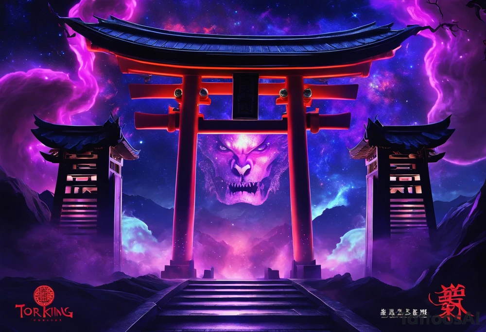 torii gate in biomechanical style in background.

Dominant demonic figure, formidable face with royal king features, has a evil grin and a bit of open mouth with glimpse of devil fang teeth, similar to skull features, framed by deep-set glowing galaxy eyes, head has prominent purple deep blue flames (Not standalone horns) with intricate recognizable swirling galaxy shaped textures with fiery peacock blue green turquoise colour highlights. 

face has peacock feather texture. face is 85%, gate is 15%. 

face has braids hanging with feathers at end. tattoo idea
