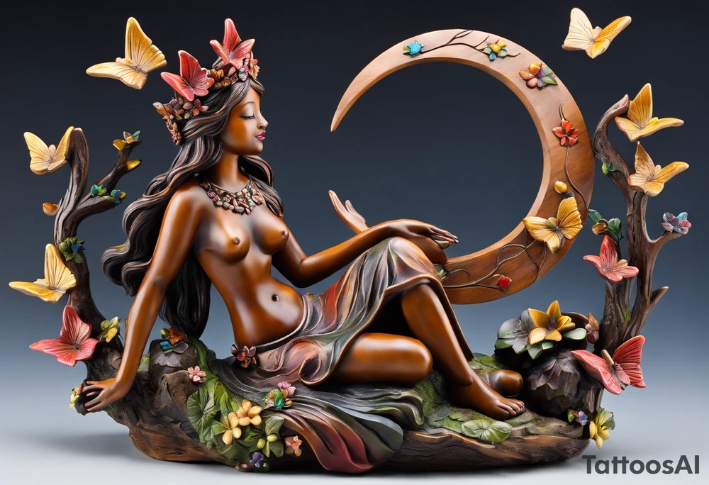 Wood nymph made or bark and branches. She is wearing a crown made of butterflies and has a pond and lilies near her feet with colorful vegetation. She is holding her arms upright and has her hands cupped above her head. Above her hands she has the moon, stars, and sun. The moon, stars, and sun have a flower accent. tattoo idea