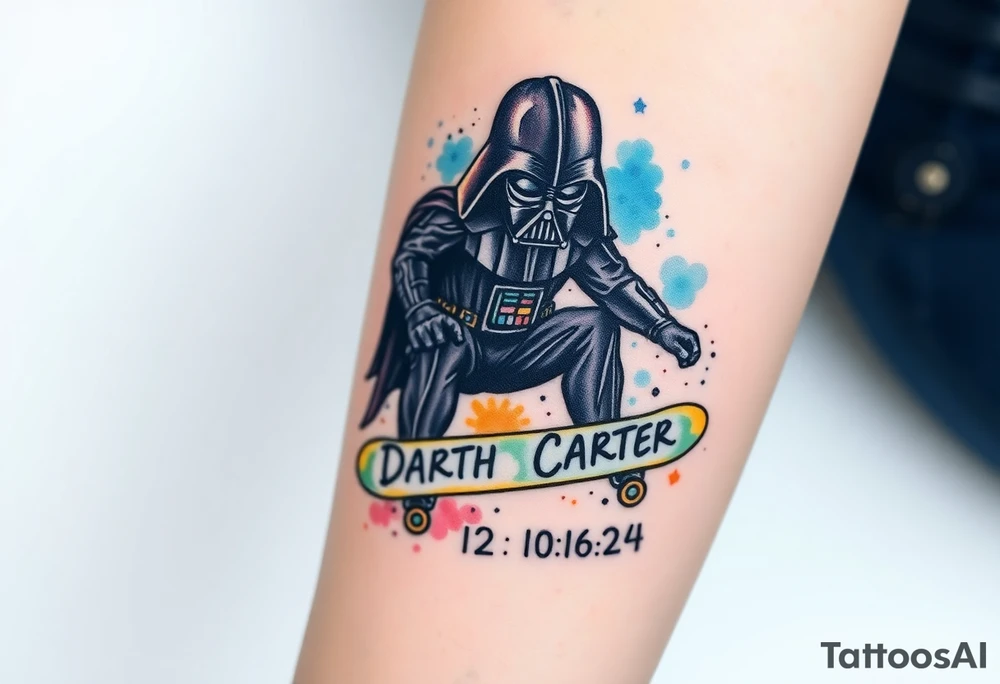 Darth Vader skateboarding > memorial in heaven > bullets
colorful
skateboard words "Darth Carter"
add date 12/29/88-01/06/24 tattoo idea
