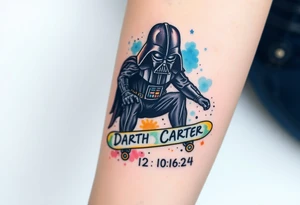 Darth Vader skateboarding > memorial in heaven > bullets
colorful
skateboard words "Darth Carter"
add date 12/29/88-01/06/24 tattoo idea