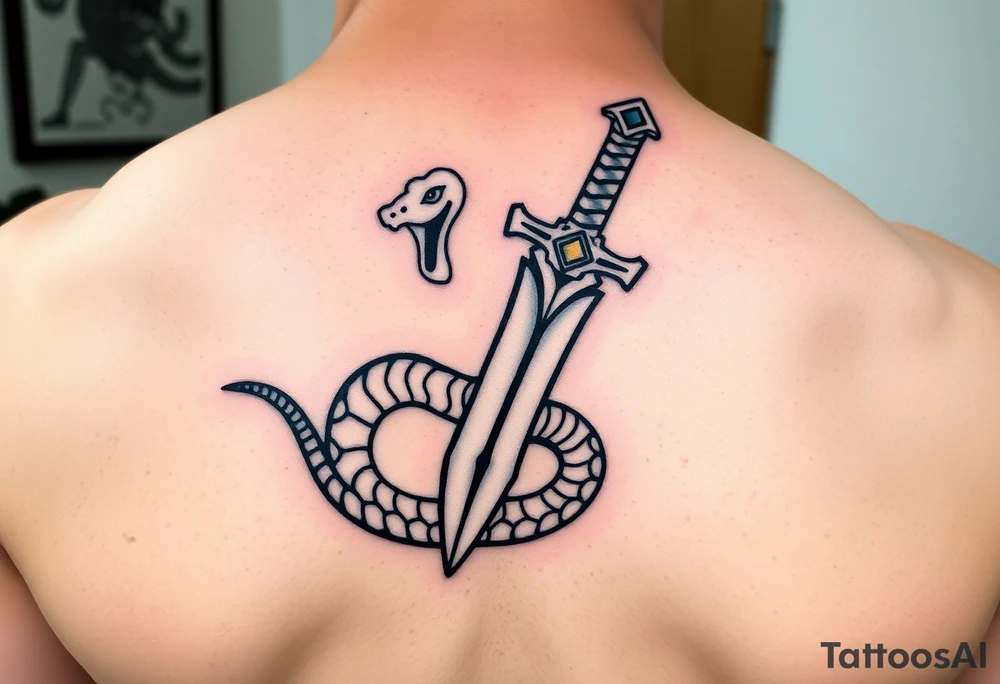 mystical snake coiled around an ancient dagger with jeweled hilt tattoo idea
