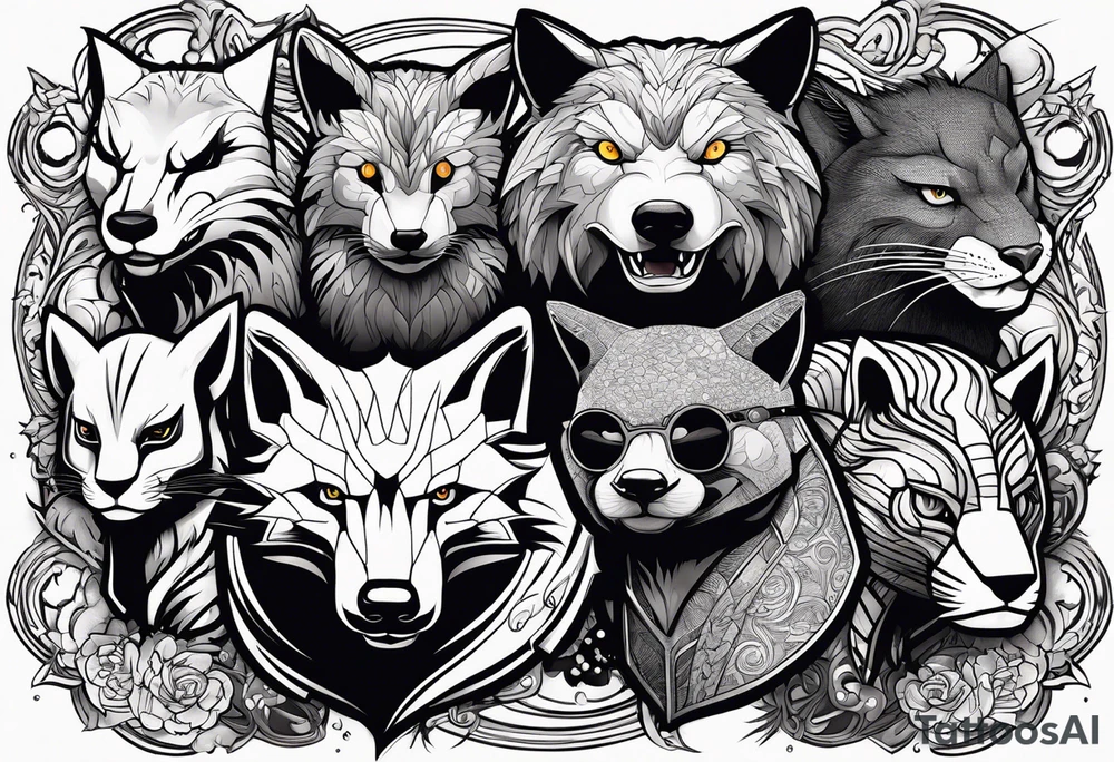 a super hero team which is combination of animals.
One is Badger/Wolverine One is Bull One is Wolf One is Axolotl One is Canary One is Lizard One is Cat tattoo idea