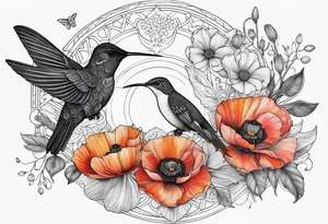 Fine line background black mandala with colorful poppy flowers and honeysuckle flowers and hummingbird tattoo idea