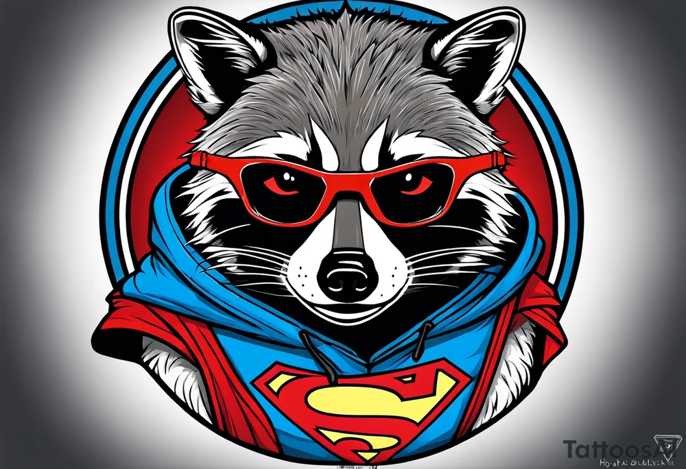 raccoon wearing a Superman hoodie tattoo idea