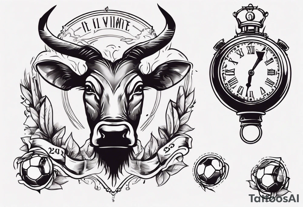 Ballon de foot avec le numéro23,  une horloge avec une couronne,  le tout avec au fond un taureau tattoo idea