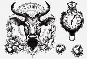 Ballon de foot avec le numéro23,  une horloge avec une couronne,  le tout avec au fond un taureau tattoo idea