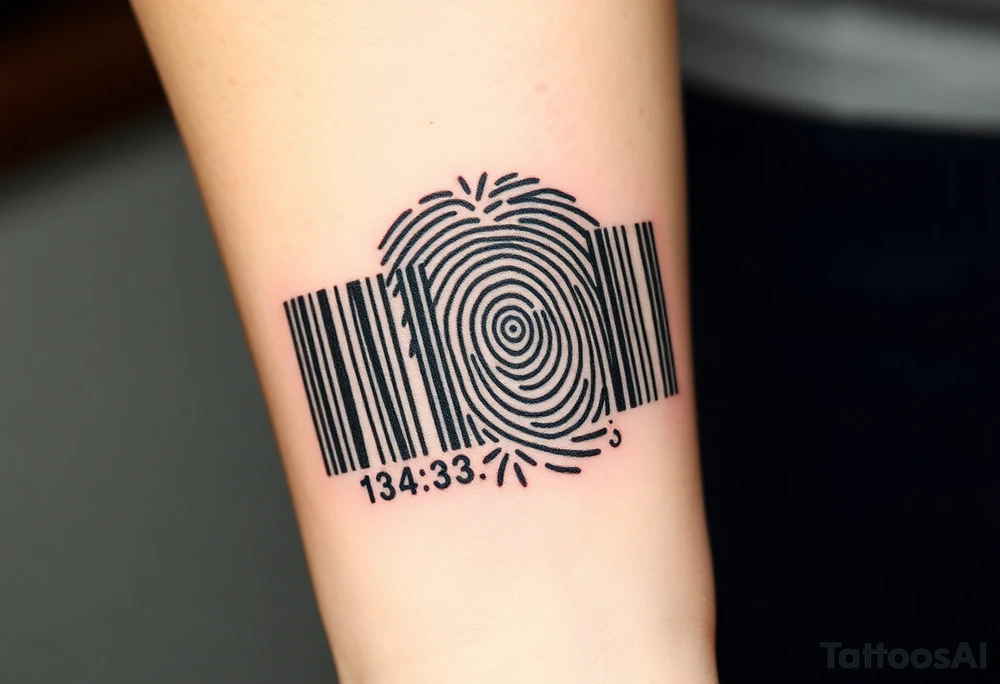 A barcode seamlessly merging into a fingerprint, symbolizing love that is unique and irreplaceable. tattoo idea