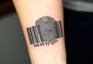 A barcode seamlessly merging into a fingerprint, symbolizing love that is unique and irreplaceable. tattoo idea