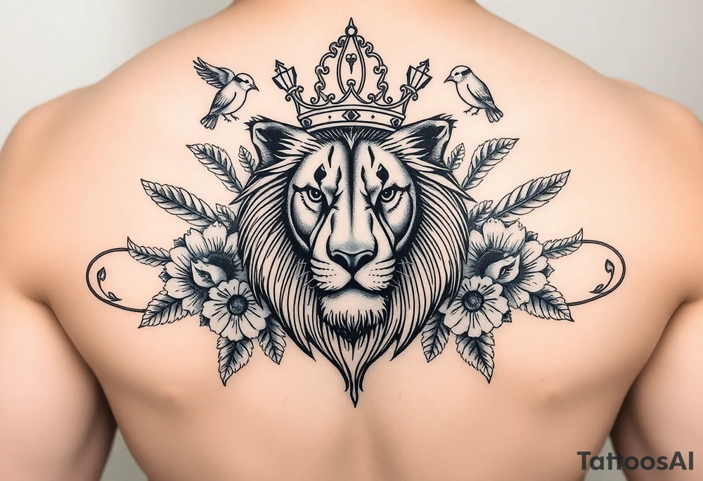 powerful majestic lion with a crown, surrounded by floral ornaments and birds tattoo idea