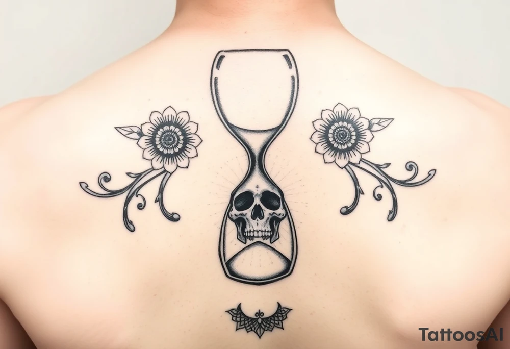 An hourglass with a human skull at the bottom that the sand is pouring into. Include matching florals on each shoulder. Mandala patter at the bottom tattoo idea