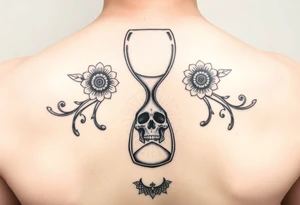 An hourglass with a human skull at the bottom that the sand is pouring into. Include matching florals on each shoulder. Mandala patter at the bottom tattoo idea