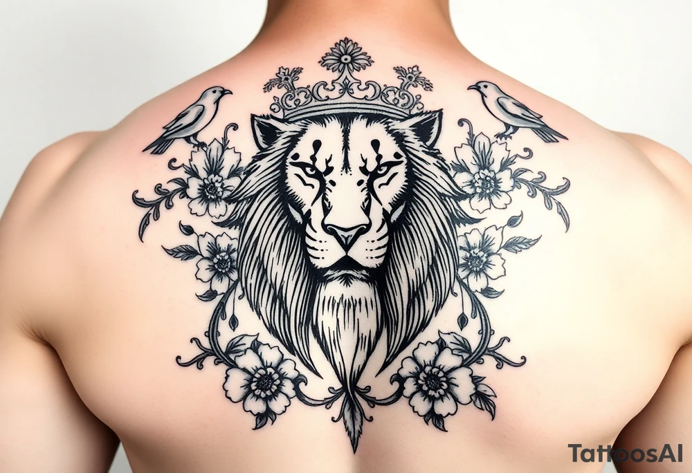 powerful majestic lion with a crown, surrounded by floral ornaments and birds tattoo idea