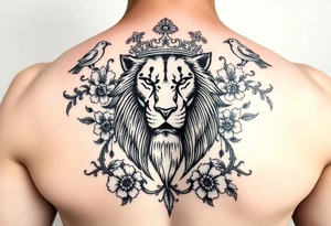 powerful majestic lion with a crown, surrounded by floral ornaments and birds tattoo idea
