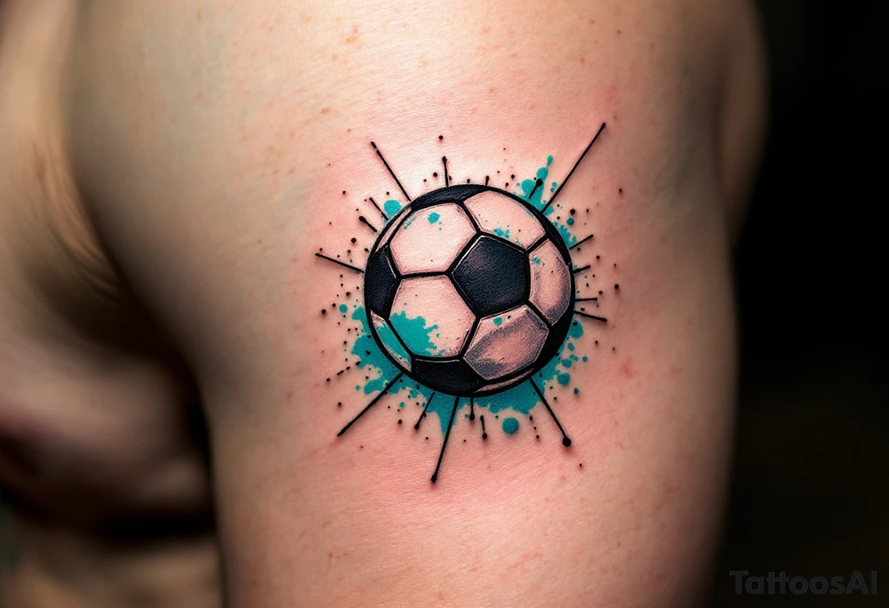 A small behind-the-ear soccer ball tattoo in black with a splash of teal paint. tattoo idea