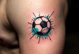 A small behind-the-ear soccer ball tattoo in black with a splash of teal paint. tattoo idea